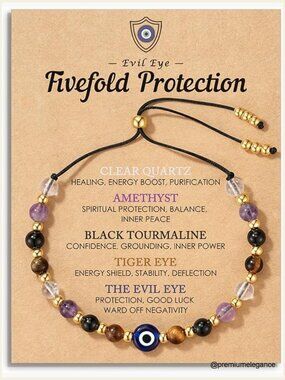 Evil Eye Adjustable Crystal Bracelet - Healing Stones Protection Spiritual